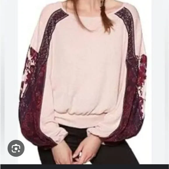 Free People Rose Pink Sweater with Floral Sleeves - Picture 13 of 13
